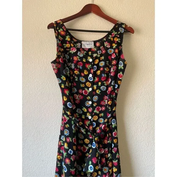 Vintage floral cottagecore bright colorful button front midi dress size medium - Picture 2 of 5
